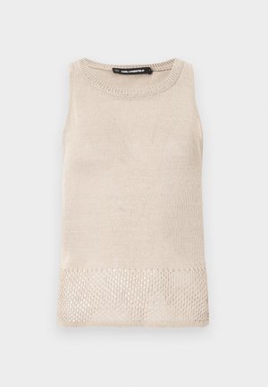 Haut beige sans manches en maille avec encolure ronde et détail de bordure texturée, étiquette Karl Lagerfeld à l'intérieur du col.