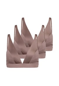 Tre trådløse bh'er i en blød mauve farve, der har en V-halsudskæring, justerbare stropper og en glat, strækbar stofstruktur.