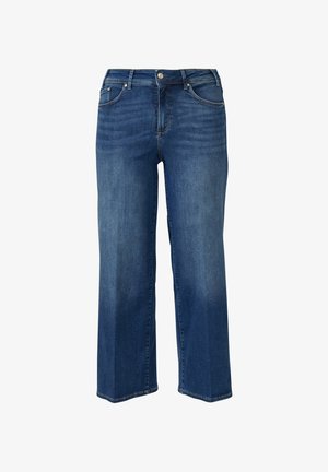 Jean large en denim bleu à taille haute, doté d'une fermeture éclair à l'avant, d'un bouton et d'un design à cinq poches. Texture lisse, lavage moyen.