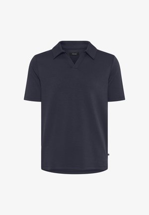 Tume mere polo särk lühikeste varrukatega, V-kaelusega ja siledast tekstuurist. Sisaldab peent logotagi alumisel vasakul äärel.
