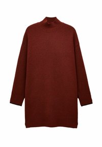 Langärmliger, gerippter Bund und Saum, dunkelroter Strickpullover mit hohem, geripptem Stehkragen.