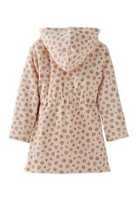 Beiger Kinderhutmantel mit langen Ärmeln und einem braunen Herz- und Kreismuster, elastischer Taillendetail, von hinten gezeigt.