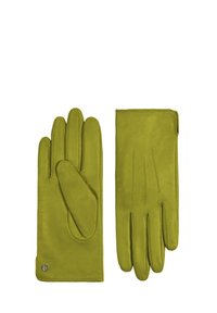 Guanti in pelle verde con una superficie liscia, dotati di cinque dita, design aderente e cuciture dettagliate sul retro.