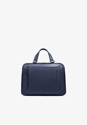 Maletín azul marino con doble asa superior, bolsillo frontal con cremallera y panel texturizado, diseñado para uso profesional.