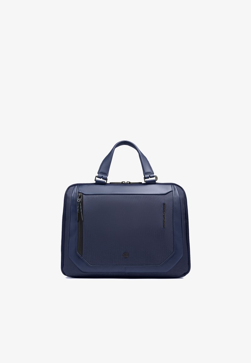 Porte-documents bleu marine avec deux poignées supérieures, poche zippée à l'avant et panneau texturé, conçu pour un usage professionnel.