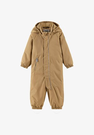 Beiger Windbreaker-Overall mit Kapuze, elastischen Bündchen und einem Reißverschluss vorne. Verfügt über eine Seitenjacke und reflektierende Akzente für bessere Sichtbarkeit.