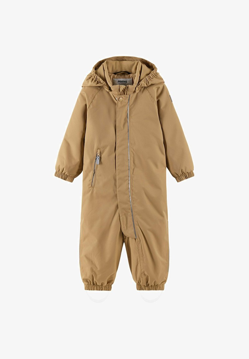 Tutina windbreaker color beige con cappuccio, polsini elastici e zip frontale. Presenta una tasca laterale e dettagli riflettenti per una migliore visibilità.