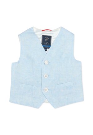 Gilet azzurro chiaro per bambino con tre bottoni bianchi, due tasche frontali e un'etichetta "FAY Junior" all'interno del colletto.