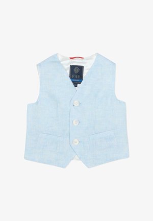 Gilet bleu clair pour tout-petit avec trois boutons blancs, deux poches avant, et une étiquette "FAY Junior" à l'intérieur du col.