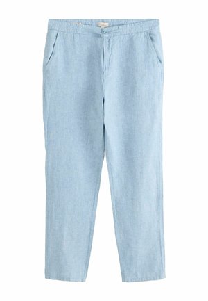 Lyseblå linblandede afslappede bukser med elastisk talje, knap- og snøre-lukning samt sidelommer, designet for komfort.