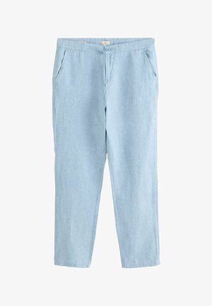 Pantalon décontracté bleu clair en mélange de lin avec ceinture élastique, fermeture par bouton et cordon, et poches latérales, conçu pour le confort.