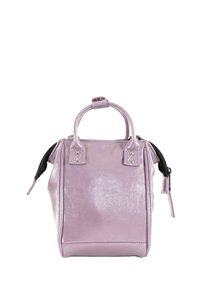 Lilac leather handbag with smooth texture, dual top handles, zip closure, and contrasting black accents on the side.