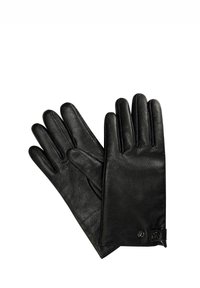 Sorte læderhandsker med en glat tekstur, der har fem fingre og en knap ved manchet, designet til en tætsiddende pasform.