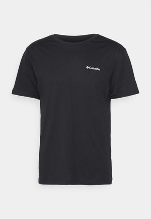 Czarny bawełniany t-shirt z krótkimi rękawami, okrągłym dekoltem i małym białym logo Columbia na lewej piersi. Gładka tekstura, luźny krój.