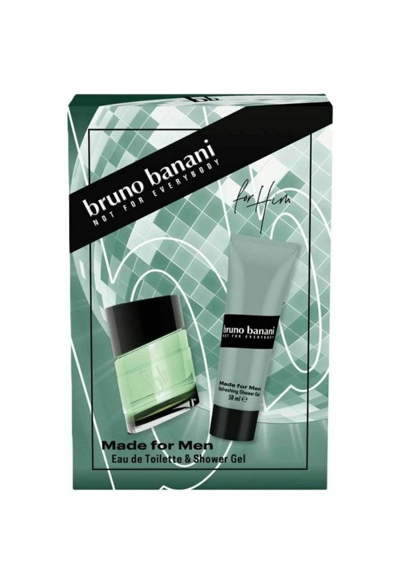 Miesten tuoksusetti laatikossa, jossa vihreä pullo ja harmaa tuubi. Pakkaus on koristeltu geometrisilla kuvioilla ja rohkeilla mustilla yksityiskohdilla.