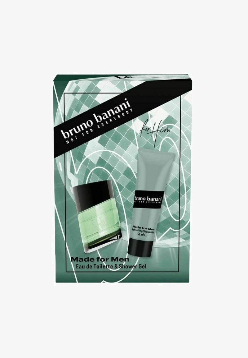 Herreduft sæt i en æske med en grøn flaske og et gråt rør. Emballagen har geometriske mønstre og dristige sorte accenter.