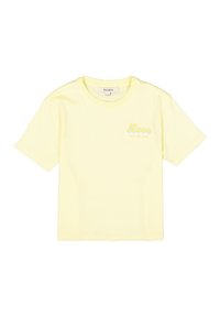 Lichtgele katoenen t-shirt met korte mouwen. Kenmerkt zich door de opdruk "Love" in een zachte, contrasterende tint en een ronde hals.