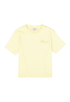 Lichtgele katoenen t-shirt met korte mouwen. Kenmerkt zich door de opdruk "Love" in een zachte, contrasterende tint en een ronde hals.