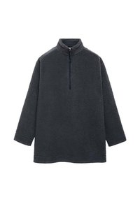 Pullover in felpa grigio scuro con collo a mezza cerniera e maniche lunghe, caratterizzato da una superficie morbida e strutturata e una vestibilità comoda.
