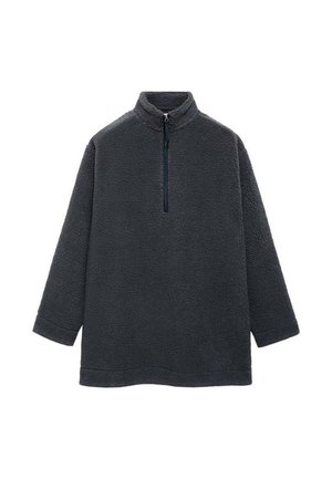 Sudadera de forro polar gris oscuro con un cuello de media cremallera y mangas largas, que presenta una superficie suave y texturizada, además de un ajuste relajado.