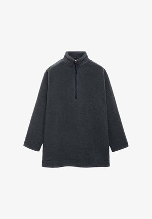 Tmavě šedý fleece pulovr s polovičním zipem a dlouhými rukávy, se soft, texturovaným povrchem a volným střihem.