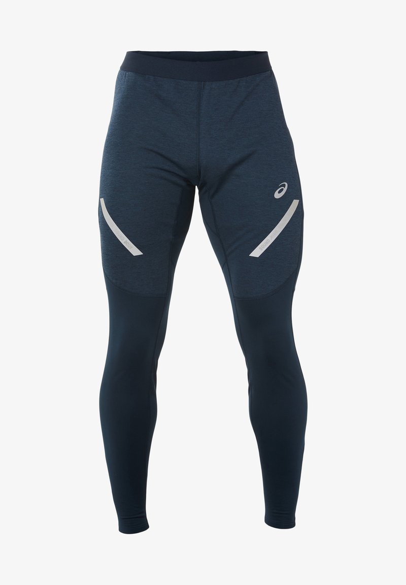 Tmavě modré a černé elastické legíny v plné délce s reflexními zakřivenými pruhy a logem Asics na stehnech.