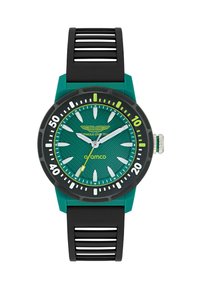 Reloj analógico en tonos azul verdoso y negro con una esfera texturizada, marcadores de horas llamativos y una correa de silicona negra. Cuenta con un bisel giratorio y acentos brillantes.