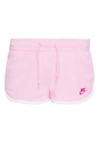 Růžové sportovní šortky Nike s bílým lemováním, se šňůrkou v pase a malým vyšitým logem na dolní části přední strany. Měkký bavlněný materiál.