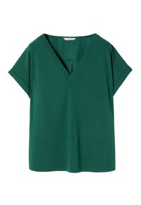 Vihreä V-pääntie T-paita, joka on valmistettu pehmeästä kankaasta. Paidassa on lyhyet käärityt hihat ja rento istuvuus. Yksinkertainen muotoilu ilman kuvioita tai korostuksia.