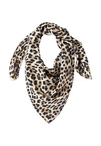 Bufanda de estampado de leopardo con una base beige y manchas negras, tejida en un tejido ligero y de forma triangular con extremos puntiagudos.