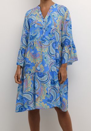 Blaues Kleid mit Paisley-Muster, V-Ausschnitt mit Knöpfen, langen ausgestellten Ärmeln und gestuftem Rock, getragen von einer Person vor einfarbigem Hintergrund.
