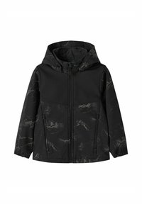 Schwarze Kapuzenjacke mit einem strukturierten, gemusterten oberen Bereich. Mit frontaler Reißverschlussöffnung und zwei Seitentaschen. Elastische Bündchen für einen besseren Sitz.