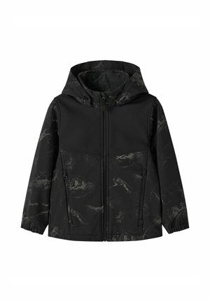 Schwarze Kapuzenjacke mit einem strukturierten, gemusterten oberen Bereich. Mit frontaler Reißverschlussöffnung und zwei Seitentaschen. Elastische Bündchen für einen besseren Sitz.