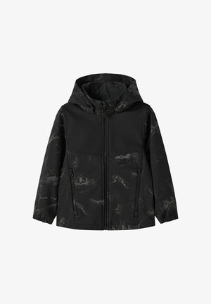 Schwarze Kapuzenjacke mit einem strukturierten, gemusterten oberen Bereich. Mit frontaler Reißverschlussöffnung und zwei Seitentaschen. Elastische Bündchen für einen besseren Sitz.