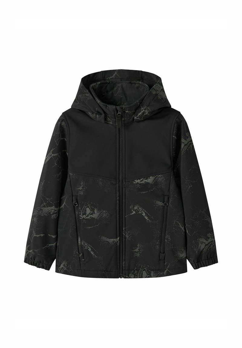 Schwarze Kapuzenjacke mit einem strukturierten, gemusterten oberen Bereich. Mit frontaler Reißverschlussöffnung und zwei Seitentaschen. Elastische Bündchen für einen besseren Sitz.