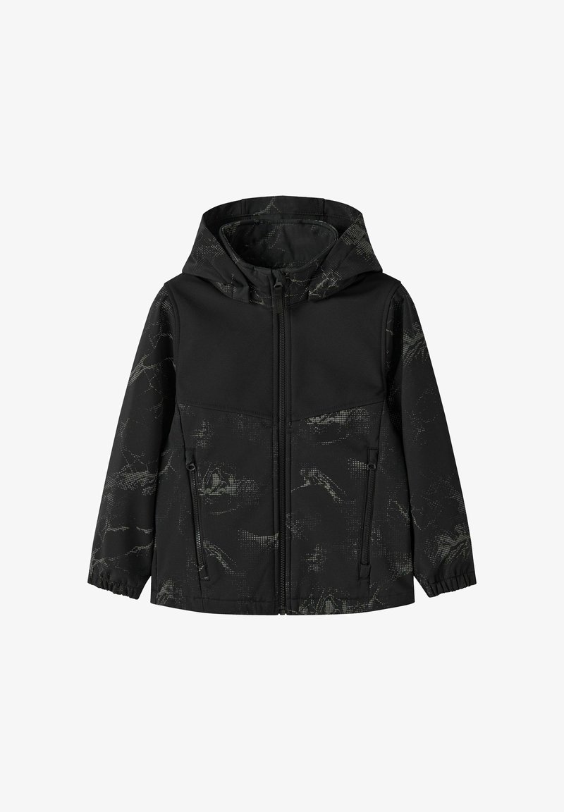Veste noire à capuche avec une partie supérieure texturée et à motifs. Fermeture éclair à l'avant et deux poches latérales. Poignets élastiques pour un bon ajustement.