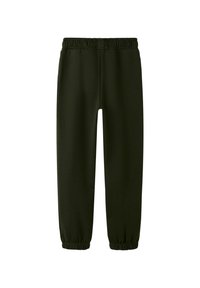 Dunkelgrüne Sweatpants aus weichem Stoff, mit einem elastischen Bund und schmal zulaufenden Bündchen an den Knöcheln für eine taillierte Passform.