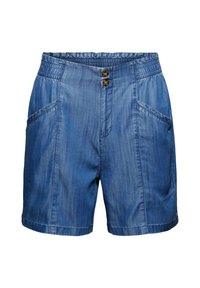 Denim-shortsit, joissa on rento istuvuus, vaaleansininen väri, joustava vyötärö, kaksi sivutaskua ja kaksi etupainiketta. Lähes sileä rakenne ja rento muotoilu.