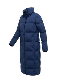 Navy blue long puffer coat with a high collar, front zipper, side pockets, and elastic cuffs. Features quilted texture for insulation.