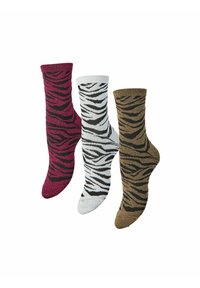 Tres calcetines hasta la mitad de la pantorrilla con rayas de tigre negras en colores burdeos, blanco y dorado, mostrados uno al lado del otro sobre un fondo blanco.