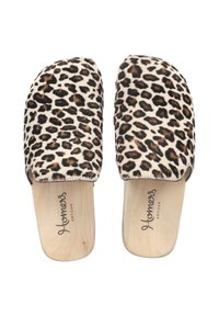 Leopard print slides with soft, textured upper and natural wooden soles, featuring rounded toe design and branding on the insole.