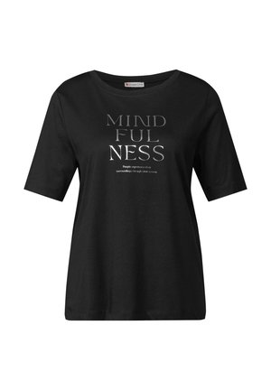 Schwarzes Baumwoll-T-Shirt mit kurzen Ärmeln. Auf der Vorderseite prangt der silberne Text "MINDFULNESS" deutlich und der Rundhalsausschnitt gibt dem Shirt eine einfache, aber stilvolle Note.