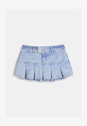 Light blue denim skirt with a pleated design, featuring a button closure at the front and a raw hem. Smooth texture and casual style.