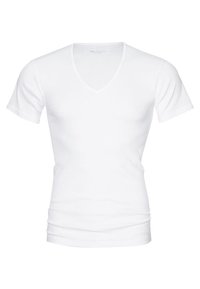 White short-sleeve V-neck T-shirt made of cotton with a smooth texture and a fitted design, featuring no visible logos or patterns.