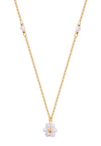 Złoty naszyjnik z łańcuchem, ozdobiony małym wisiorkiem w kształcie kwiatu, składającym się z pięciu jasnofioletowych koralików i centralnego złotego koralika, z dodatkowymi złotymi akcentami.