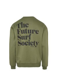 Oliwkowy sweatshirt z dużym czarnym napisem "The Future Surf Society" na plecach. Posiada prążkowane mankiety i dół. Wykonany z miękkiego materiału.