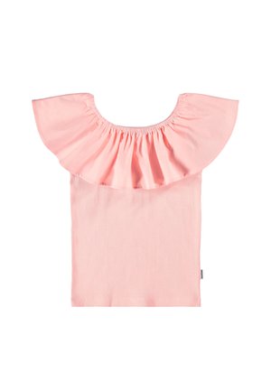 Różowa bluzka z odkrytymi ramionami, szerokim elastycznym marszczonym dekoltem i prążkowaną fakturą, zaprojektowana na dopasowany krój.