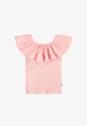 Różowa bluzka z odkrytymi ramionami, szerokim elastycznym marszczonym dekoltem i prążkowaną fakturą, zaprojektowana na dopasowany krój.