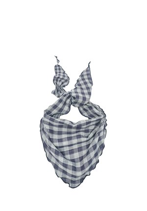 Square scarf with blue and white checkered pattern tied in a knot on a white background, edges slightly wavy.