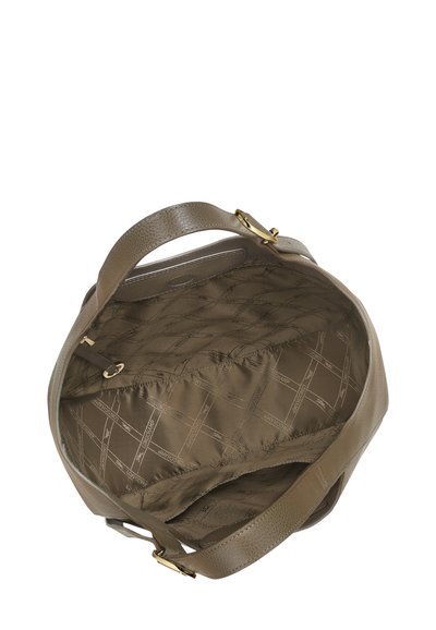 Brown leather handbag with gold buckle, showing empty interior lined with patterned fabric and a small pocket inside.